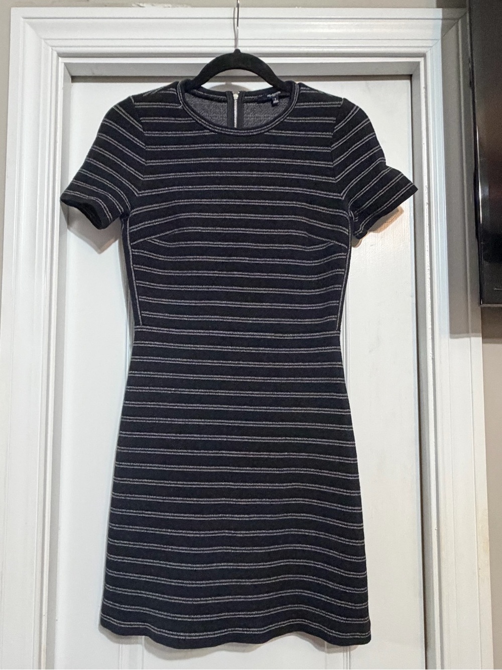 Madewell Black Dress with Gray Stripe Knit Short Sleeve